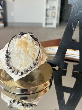 Fossil Leather Cord Bracelet with Silver Faceted Beads